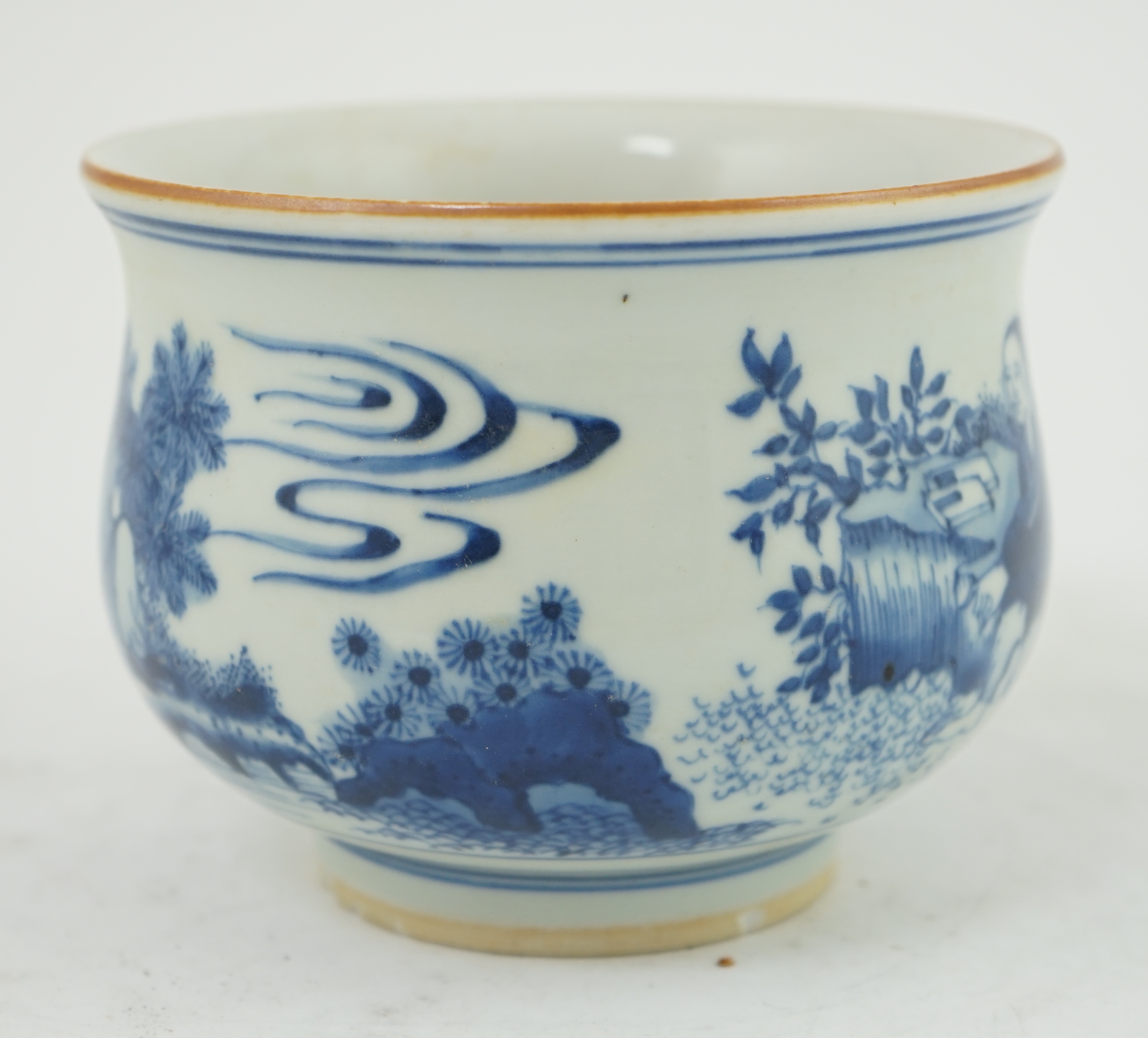 A Chinese blue and white bowl, Kangxi style, 14cm diameter. Condition - good